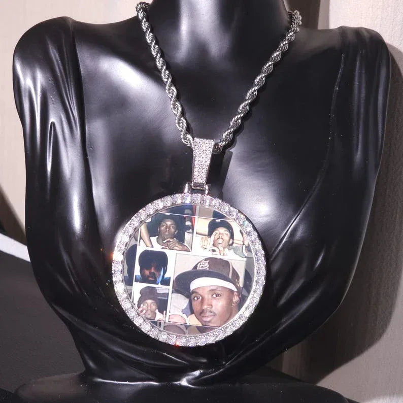 Iced Out Large Round Custom Photo Necklace | DIY Memory Picture Chain | Caratix - CaratixJewelry